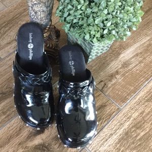 Black Patent slip on Clogs Lindsay Phillips